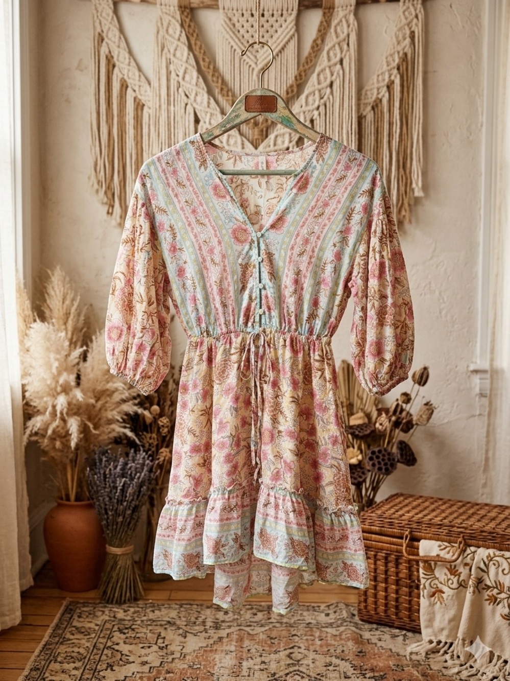 Umgee Boho Floral Tiered Dress in Pastel Pink & Mint